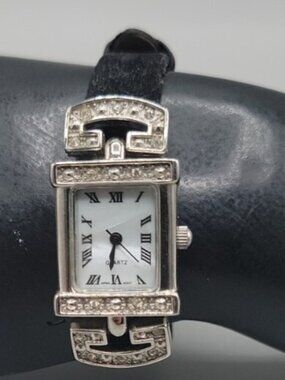 Vintage Avon Crystal Rhinestone Ladies Quartz Watch 7.5" Black Velvet Style Band